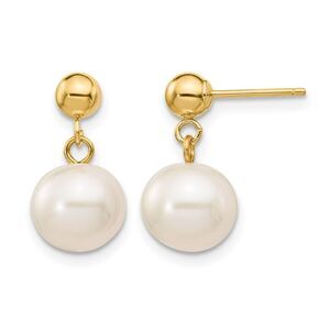 14K Gold Filled 8-8.5mm White Round FWC Pearl Post Dangle Earrings